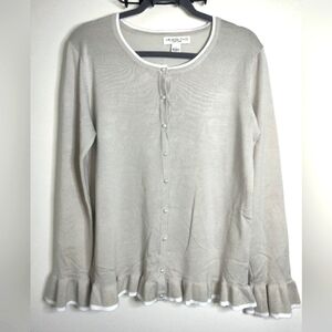 Melrose Chic (Size L) Oatmeal Mother of Pearl Button Ruffle Trim Knit Cardigan